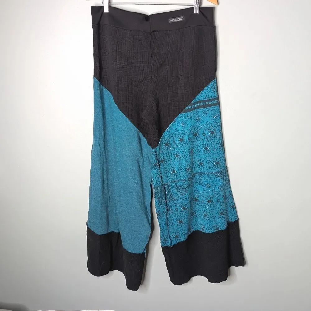 Handcrafted Artist Made Hippie Palazzo Wide Leg Teal Cotton Pull On Pants L-XL